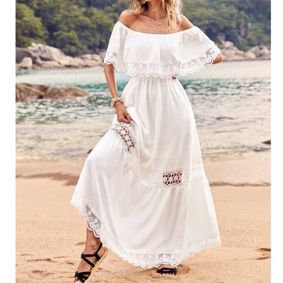 Boho White Lace Off Shoulder Maxi Dress - Picture 1 of 5